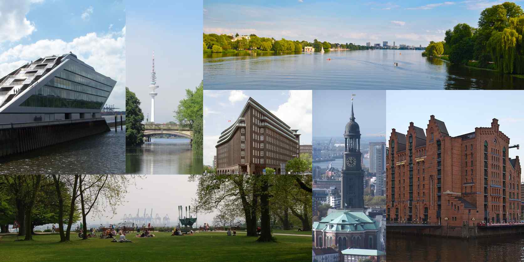 Hamburger Ansichten: Dockland, Mundsburger Kanal, Fernsehturm, Alster, Chilehaus, Altonaer Balkon, Michel, Maritimes Museum